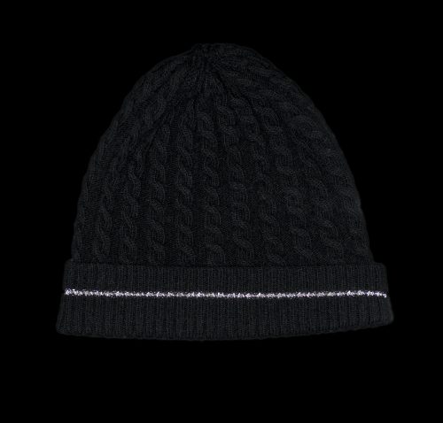 Malena Black Cashmere Cable Knit Black Reflective Hat